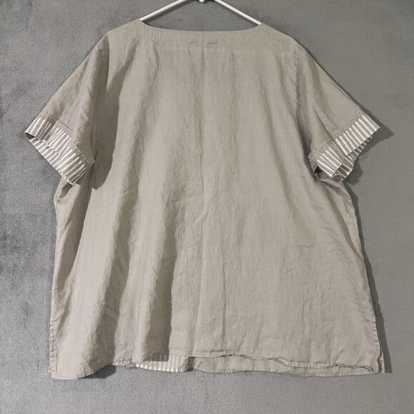Ali Miles Top Plus Sz 2X Beige Linen Blend Pocket Flowy Lagenlook Stripe Accent - Picture 7 of 8